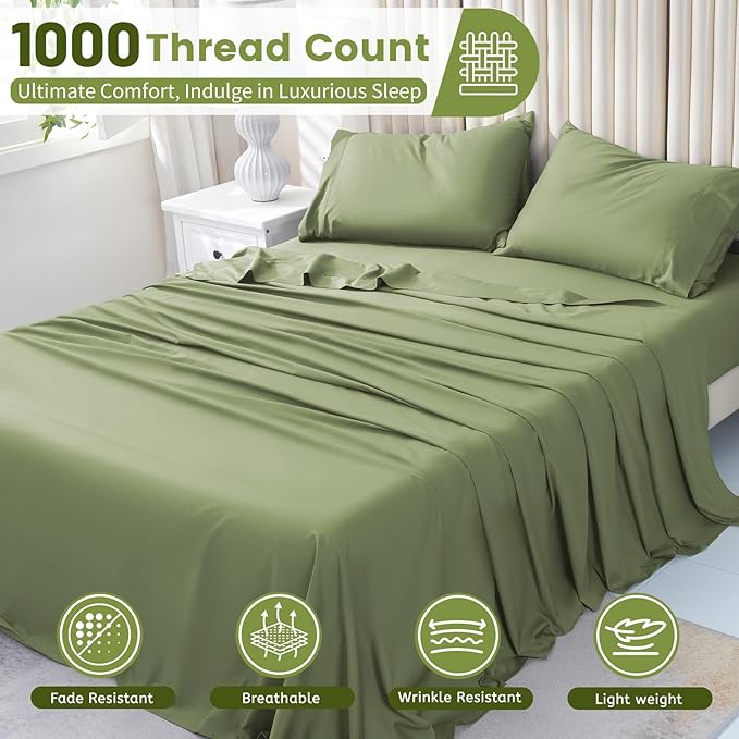 Bedlifes 1000 Thread Count 100% Egyptian Cotton King Size Sheets Set - Sateen Soft Silky Breathable Luxury Cooling 4 Pieces (Olive Green)