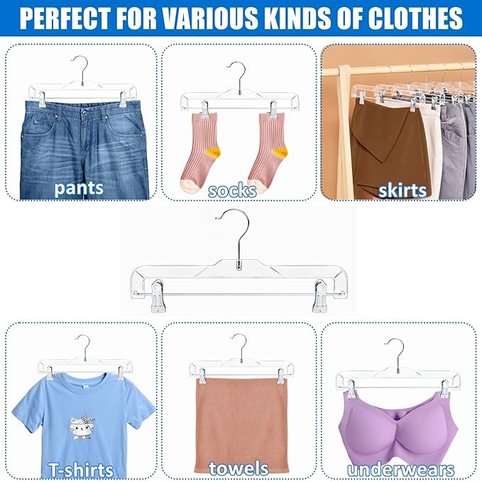 Amber Home 24 Pack Clear Plastic Jeans Pants Skirt Hangers, Bottom Hangers with Adjustable Clips & 360 Swivel Hook, Crystal Clear Plastic Clothes Hangers for Jeans, Pants, Skirts, Short