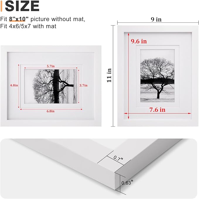 Egofine 8x10 Picture Frame Made of Solid Wood Covered by Plexiglass, Display Pictures 4x6/5x7 with Mat or 8x10 Without Mat for Table Top Display and Wall Mounting Photo Frame, White