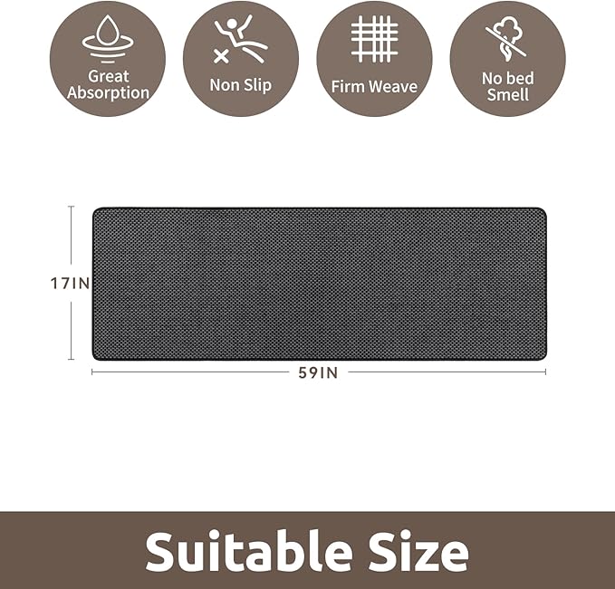 AMOAMI Chenille Bath Mat Super Absorbent Bathroom Mat Quick Dry Low Pile Bath Mats for Bathroom Washable Rubber Backed Bathroom Runners Fit Under Door, Front of Bathtub, Sink, Darkgrey&Black 17"x59"