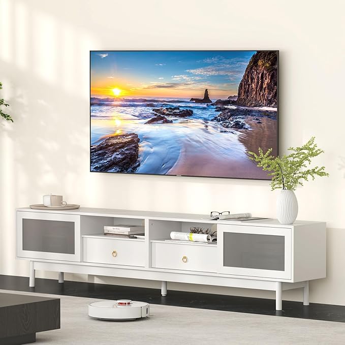 Bonzy Home TV Stand with Storage for 80 Inch TV, Modern Entertainment Center with Glass Doors and 2 Drawers, 86.6" Long TV Console for Living Room, White