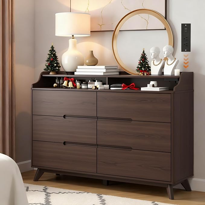 Dresser for Bedroom with 6 Drawers, 55" Large Dresser & Chest of Drawers with Charging Station, Wood Closet Clothes Storage Long Dressers Organizer for Bedroom Living Room Hallway (Brown)