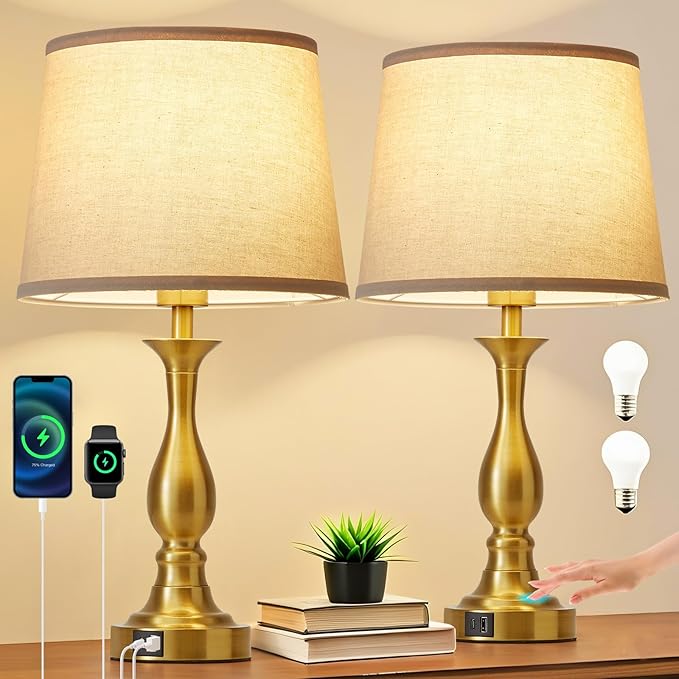 Bedside Table Lamp Touch Control Bedroom Lamps with USB-C USB-A Charging Port 3 Way Dimmable Touch Lamps for Nightstand Living Room Bedroom Dorm Home Office Reading, Set of 2