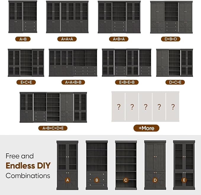 Vyre 70.8" Tall Bookshelf with Doors, Farmhouse Modular Bookcase with 4-Tier Adjustable Shelves, Large Storage Cabinet for Home Office, Living Room, Black