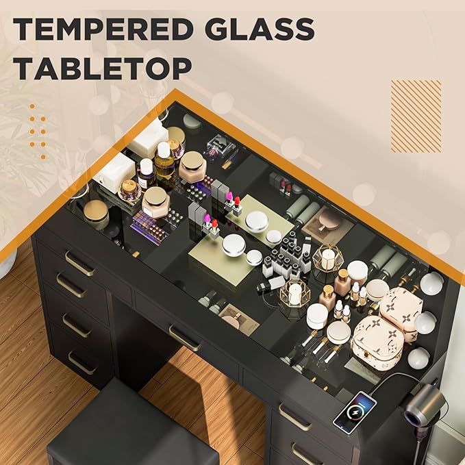 Likein Vanity Desk with Lights and Power Strip - 47'' Glass Top Vanity with Lighted Mirror, 9 Drawers Makeup Vanity with Lights, Black Vanity Set with Chair, 3 Lighting Modes Dressing Table