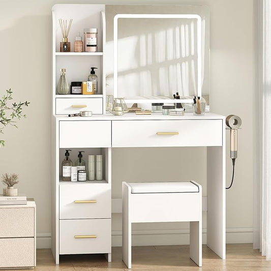 Vanity Desk with Mirror and Lights, 3 Adjustable Lighting Makeup Vanity Desk with 3 Storage Shelves, 5 Large Drawers and Power Outlet, White Vanity with Chair for Bedroom