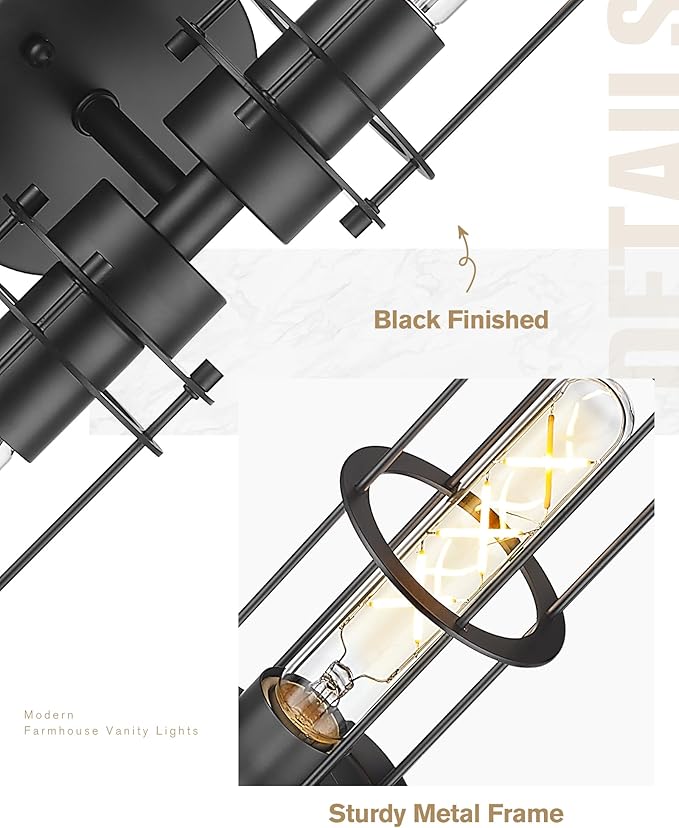Emak 22 Inch Black Bathroom Light Fixtures Over Mirror, Modern Industrial 2 Light Vanity Light with Metal Shade, Farmhouse Cylinder Wall Sconces for Bathroom, Hallway, VL085-BK-MT-2
