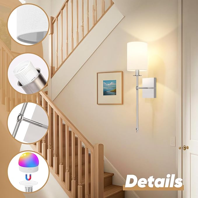 24.8 Inch Battery Operated Wall Sconces Set of 2 with Remote, Brushed Nickel Rechargeable Wireless Wall Lights with White Fabric Shade, Cordless Wall Lamps with Dimmable Detachable Bulbs for Bedroom