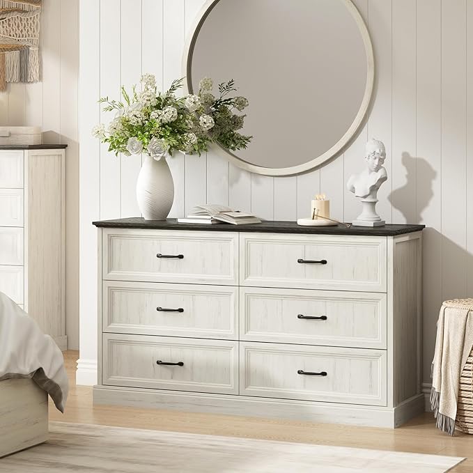 Farmhouse 6 Drawer Dresser for Bedroom, 55 Inch Wide Modern White Dresser TV Stand with Large Drawers & Bar Handles, Rustic Wood Chest of Drawers for Bedroom, Living Room, Hallway, Entryway.
