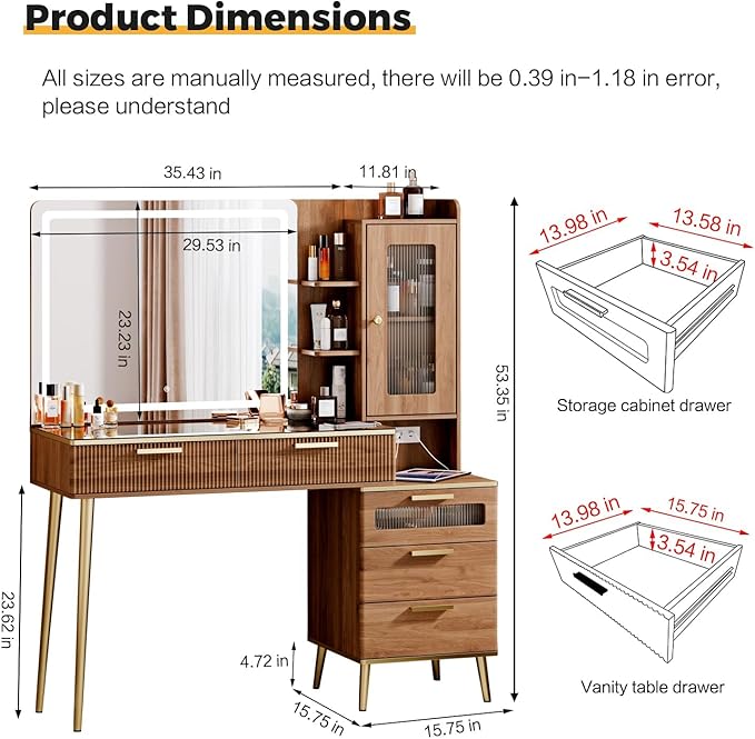 Vanity Desk with 29.53" HD Lighted Mirror, 47.24" Big Modern Vanity Desk with Mirror and Lights, Makeup Vanity with 5 Drawers and Storage Shelves and Charging Station, Brown
