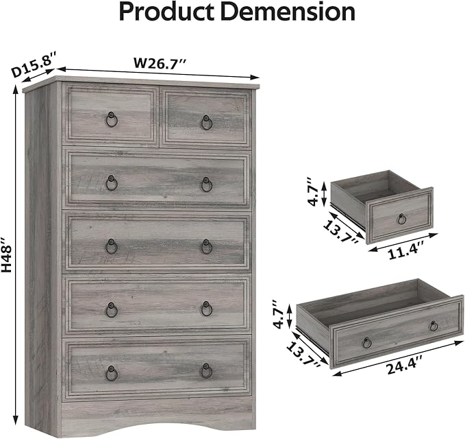 48'' Tall Grey Dresser with 6 Drawers Chest of Drawers for Bedroom, Large Storage Organizer for Clothes, for Living Room, Bedroom, Hallway, Taupe Grey