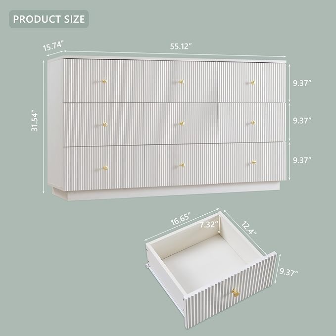 Fluted Dresser for bedroom, 55"W White 9 Drawer Dressers, Wood Tall Dresser Storage Organizer, Modern Bedroom Chest of Drawers with Deep Storage for Closet Hallway, Entryway, Living Room White
