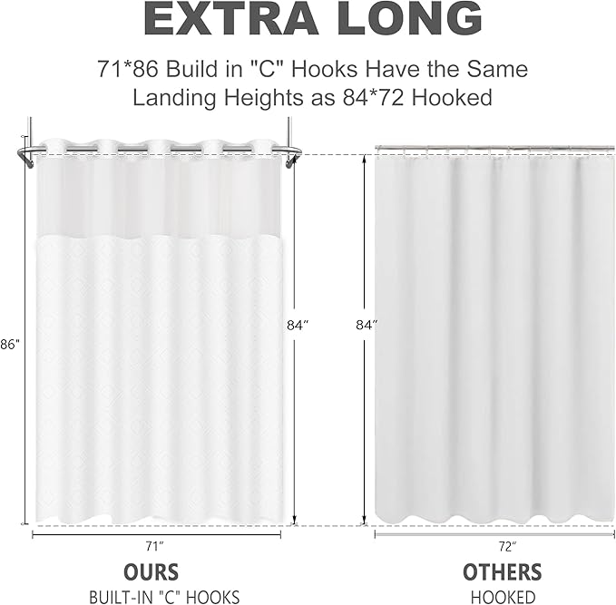 No Hook Shower Curtain Set with Snap in Liner, White Jacquard Tufted Geometric Bath Curtain, Boho Luxury Hotel Bathroom Decor, Waterproof Washable, 71 x 86 Inch