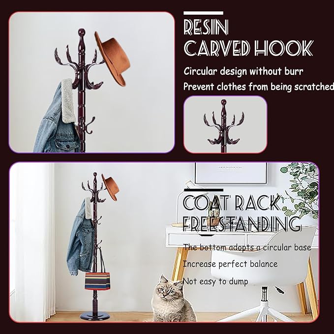 72 in Wood Coat Rack, Coat Rack Freestanding with Stable Round Base, Adjustable Height Tree Coat Racks Stand for Home Bedroom Office Hallway Entryway (Solid Wood Fenghuang Gou)