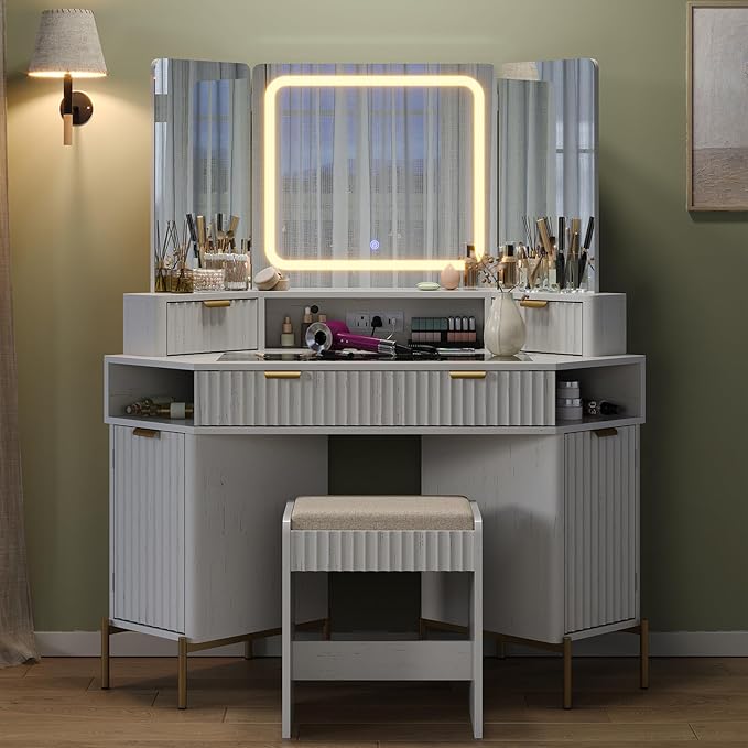 48'' Modern Vanity Desk with HD Triple Mirror & Lights,Large Corner Vanity Table with Glass Top, Charging Station,1Multifunctional Drawers & 2 Small Drawers, Dressing Table Set with 2 Cabinets, White