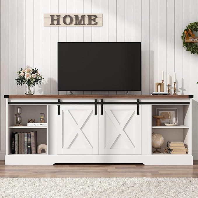 Farmhouse TV Stand for 70/75/80 Inch TV, 70 inch Entertainment Center Storage Cabinets with Sliding Barn Doors, Media Console Cabinet for Living Room, White