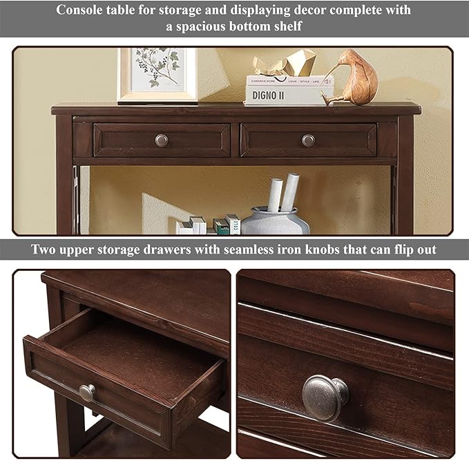 36 Inch Country Farmhouse Console Table with 4 Drawers and 1 Storage Shelf Pine Wood Suitable for Entryway Entrance Living Room Bedroom Hallway Kitchen (Light espreso