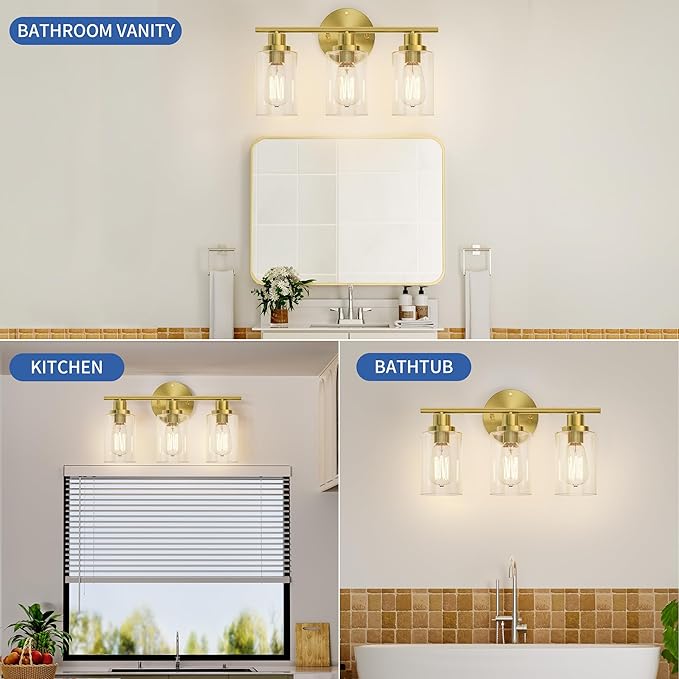 GORDNWE Modern Vanity Light Fixtures, 3 Light Brushed Gold, E26 Bulb Base, Farmhouse Style Over Mirror Lighting