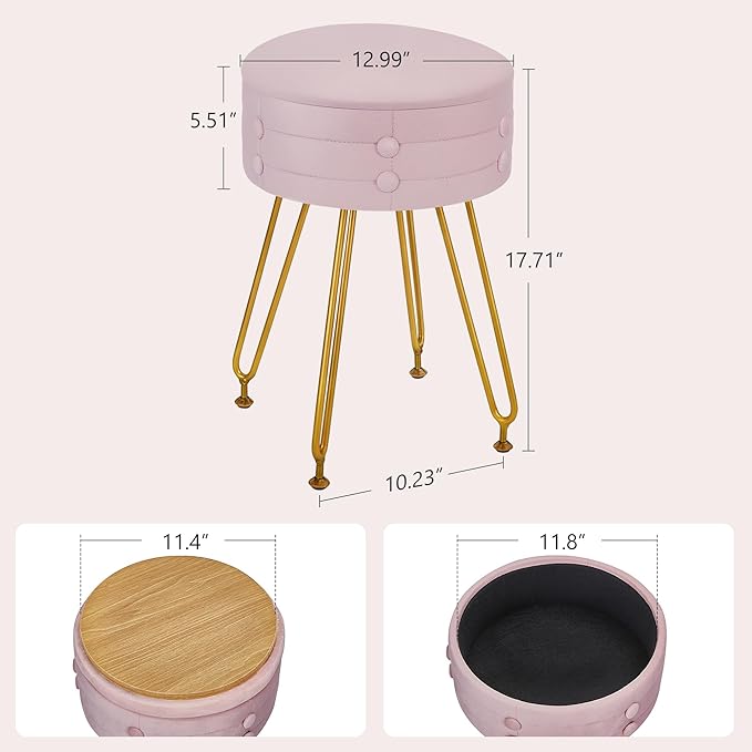 VECELO Round Vevlet Vanity Stool with Storage, 4 Metal Legs Vanity Seat with Anti-Slip Feet, Modern Vanity Chairs Footrest Furry Padded Seat, Space Saving, Easy to Clean for Makeup, Bedroom, Pink