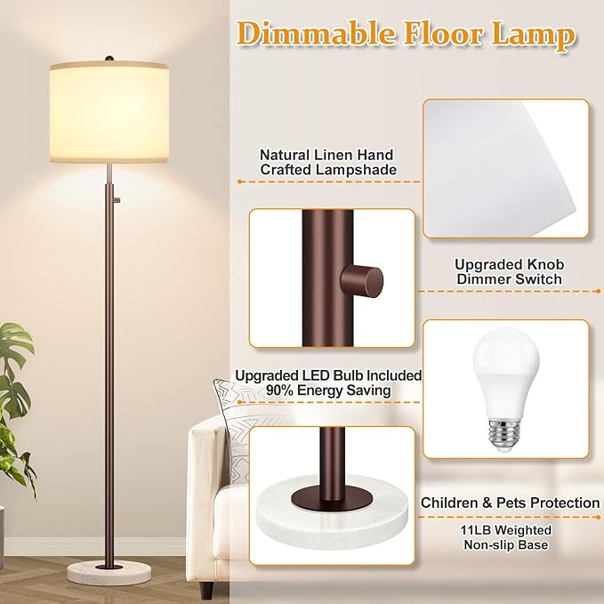 Nintiue 【Upgraded】 Dimmable Floor Lamp for Living Room, 11W LED Bulb Included, Modern Standing Lamp with Marble Base, Tall Pole Light with Linen Shade for Bedroom Reading Office Corner Nursery-Brown