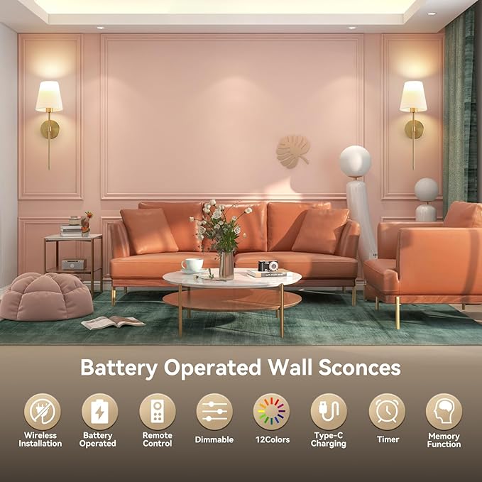 Battery Operated Wall Sconce Set of 2, Gold Rechargeable Wall Lights with Remote Control, Dimmable Wall Sconce Lighting with Fabric Shade, Wireless Wall Lamps for Living Room Hallway