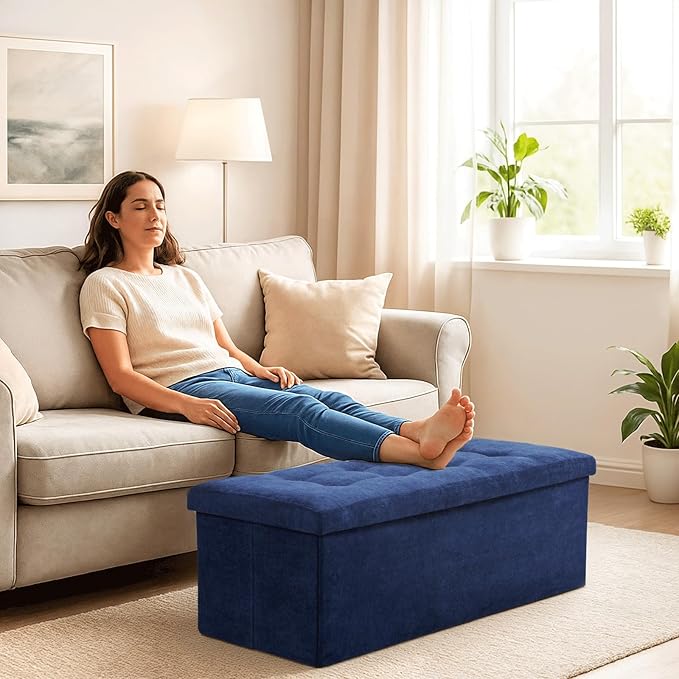 Storage Ottoman Bench, 43 Inch Ottoman Foot Rest, End of Bed Bench, Storage Chest, Load 700 lb, for Living Room, Bedroom, Entryway, Navy Blue