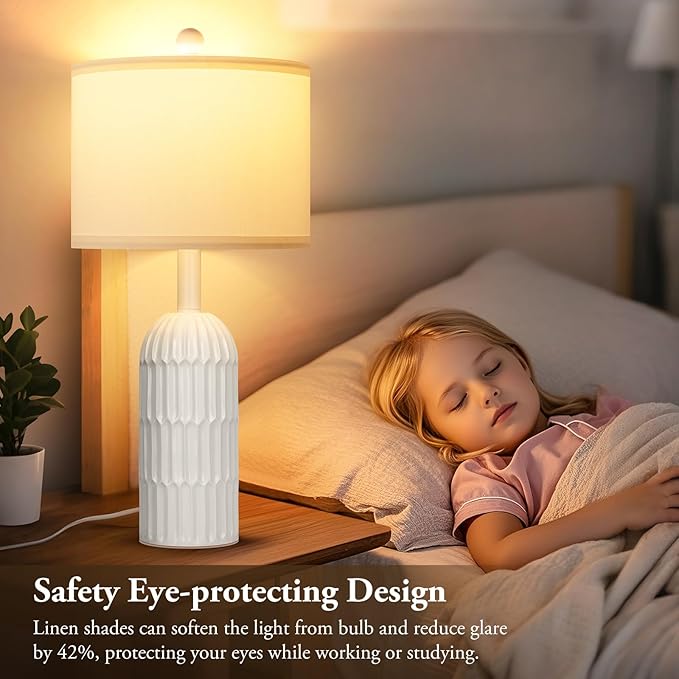 22.5" White Modern Table Lamps Set of 2 for Living Room Bedroom, Farmhouse Vintage Bedside Table Lamps with White Linen Shade, Rustic Bedroom Table Lamp for Nightstand Home Office End Table Dorm