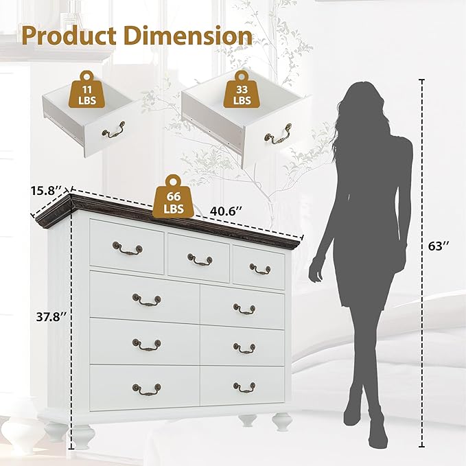 GAOMON 9 Drawers Dresser for Bedroom, Wooden Chest of Drawer with Large Drawers & Metal Handles for Bedroom, Living Room, Hallway, White & Brown