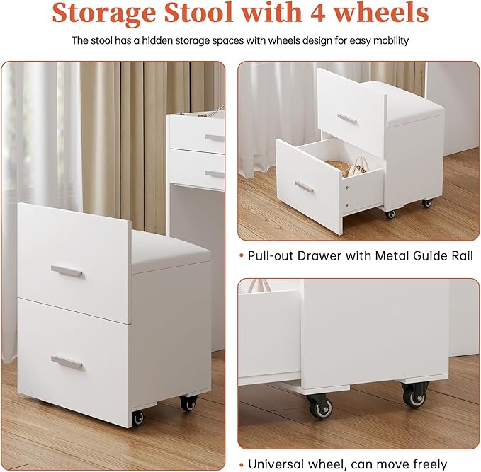 Compact Vanity with 3 Drawers, 3 in 1 Vanity Desk, Makeup Desk with Flip-up 3 Colors Lighting Mirror and Cushioned Stool, Small Vanities Nightstand Perfect for Bedroom, White