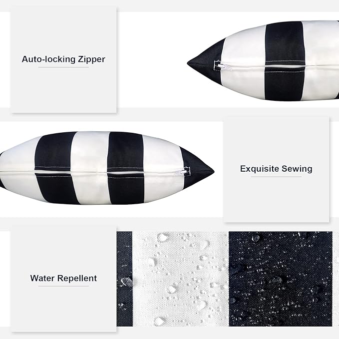 Pack of 2 Patio Throw Pillow Covers ONLY, Water Repellent Cushion Cases 20x20 Inch, Square Pillowcases for Outdoor Couch Decoration, Cabana Black