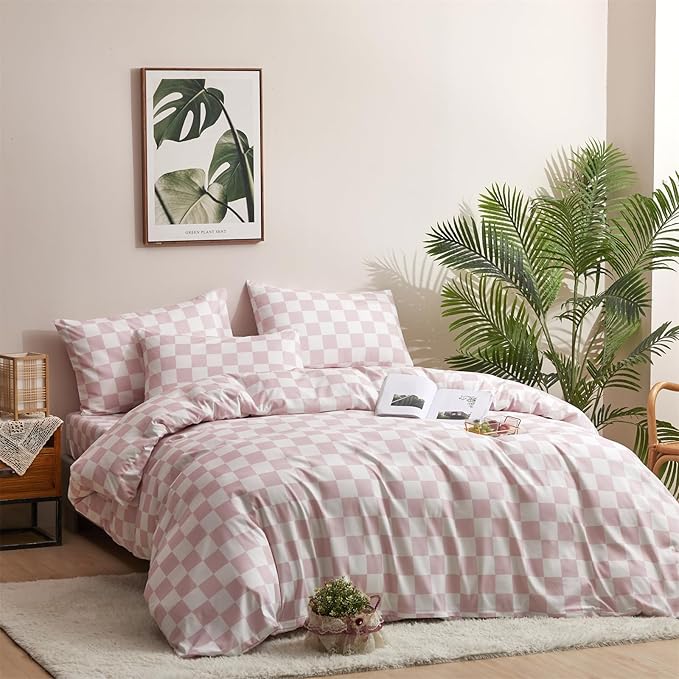 CLOTHKNOW Pink White Plaid Twin/Twin XL Comforter Set 3Pcs Grid Bedding Comforter Sets All Season Soft Checker Comforters with 2 x Pillow Cases
