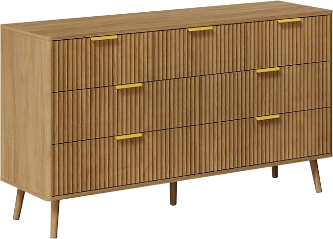LYNSOM 55" Wide Fluted Dresser for Bedroom with 7 Drawer, Modern Chest of Drawers with Curved Profile Design and Metal Handles, Wood Dresser TV Stand & Storage Organizer for Living Room, Natural Oak