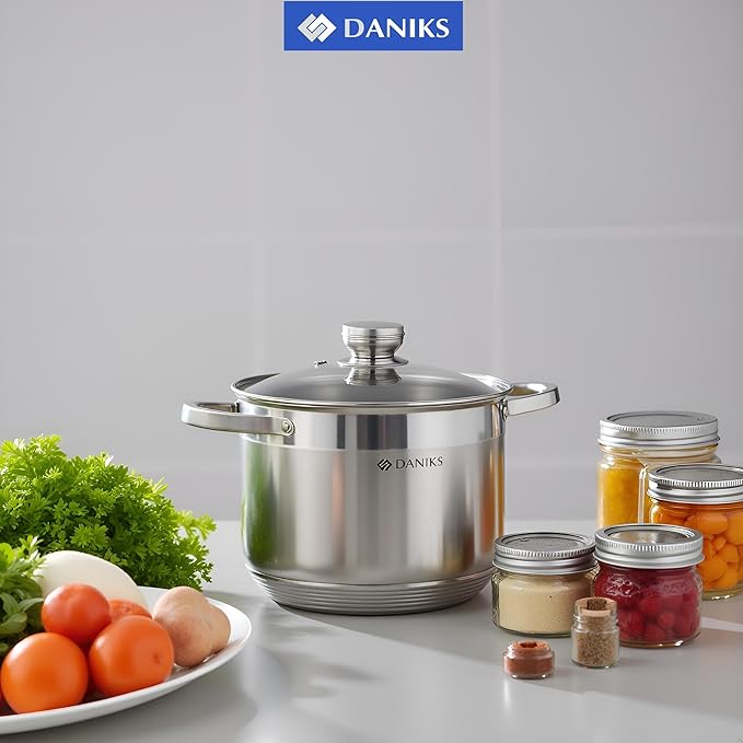 Daniks Standard Stainless Steel Stock Pot with Glass Lid – Induction 10 Quart, Dishwasher Safe, Measuring Scale, For Soup, Pasta, Stew, Silver