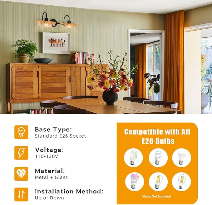 2 Light Bathroom Vanity Light Black Wall Sconce with Amber Flower Glass Shade mid Century Wall Light Vintage Wall Sconce Matte Black Vanity Light Over Mirror for Bedroom Hallway Living Room