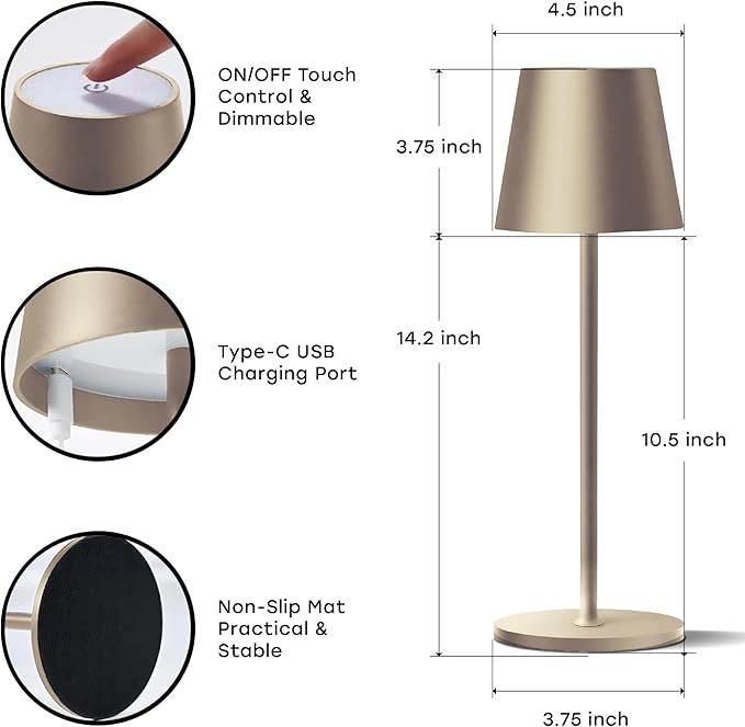 2 Pack Cordless Table Lamp,Portable LED Desk Lamp, 5200mAh Battery Operated, 3 Color Stepless Dimming Up, for Restaurant, Bedroom, Bars, Outdoor Party, Camping, Coffee Shop Night Light Brass