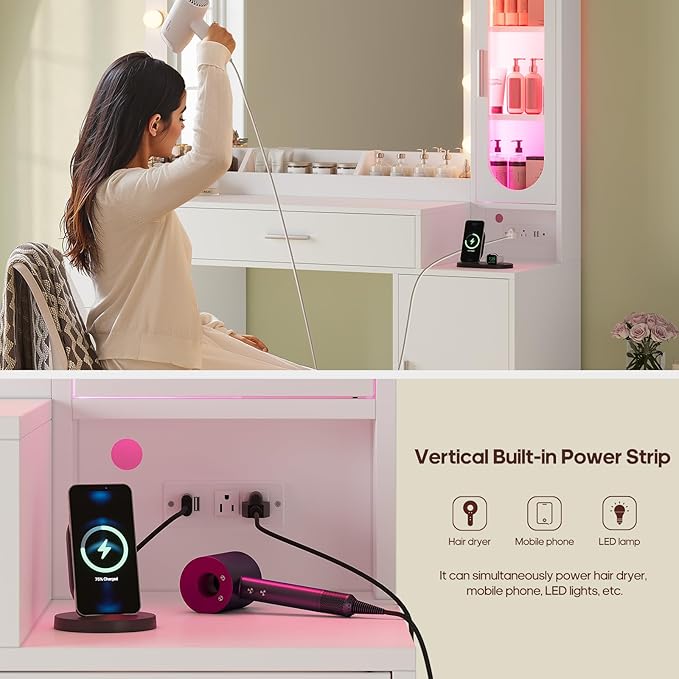 Makeup Vanity Desk with Large 31.5" Mirror and Lights, 46.1" Vanity with RGB Lights & Charging Station, Vanity Table with 6 Drawers & Cabinet & Shelves, White