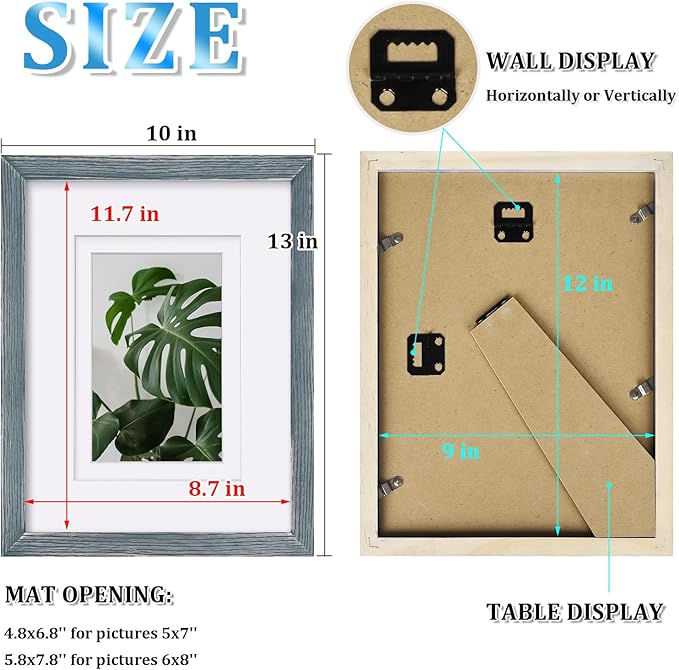 Egofine 9x12 Picture Frame Made of Solid Wood Covered by Plexiglass, Wood Frame for Pictures 5x7/6x8 with Mat or 9x12 without Mat, Tabletop and Wall Mounting Display, Rustic Blue
