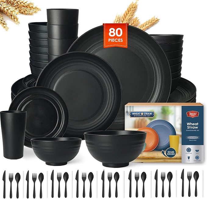 Teivio 80-Piece Kitchen Plastic Wheat Straw Dinnerware Sets for 8, Dinner Plates, Plates and Bowls Sets,Cups, Flatware, Dishwasher Safe, Unbreakable Apartment Outdoor Camping Dishes, Black