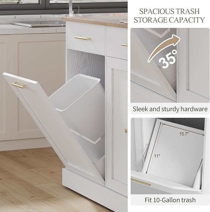 4 EVER WINNER Kitchen Island with Trash Can Storage, Rolling Kitchen Cart on Wheels with Spice Rack & Towel Rack, Movable Island for Kitchen, White