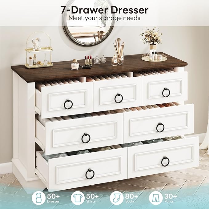 LIKIMIO White Dresser for Bedroom, 47.2" W Farmhouse 7 Drawer Dresser with Round Metal Handle, Thickened Desktop, Wood Rustic Chest of Drawers for Hallway, Entryway