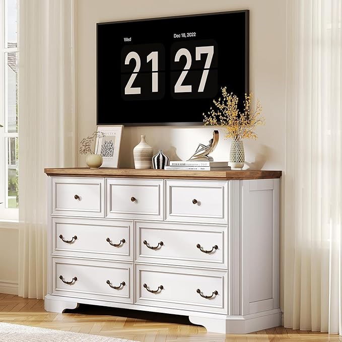 Farmhouse 54" 7 Drawers Dresser, Wood Rustic Chest of Drawers Dresser with Corner Bevel Shape, Closet Storage Dressers for Bedroom, Living Room, Hallway, Antique White