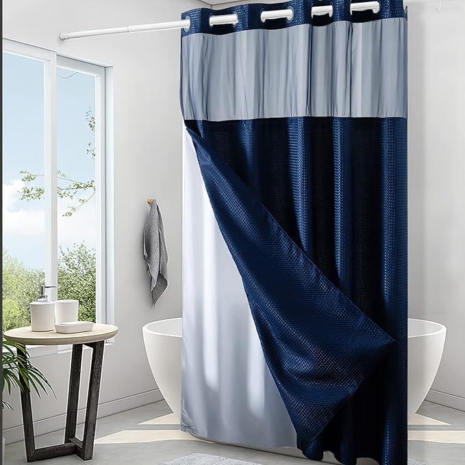 No Hook Waffle Weave Shower Curtain with Snap in Fabric Liner Set,Heavy Duty Textured Bathroom Curtain with See Through Window,Waterproof & Machine Washable,Navy Blue,Stall 36x72 Inch