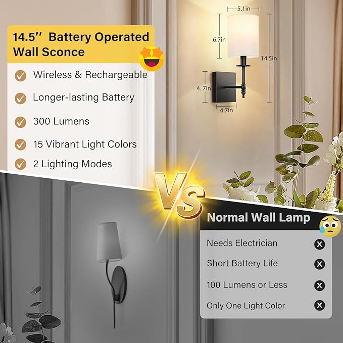 14.5 inch Battery Operated Wall Sconces Set of 2 with Remote, Rechargeable Wireless Wall Lights with Beige Fabric Shade, Indoor Not Hardwired Dimmable for Bedroom Living Room Decor