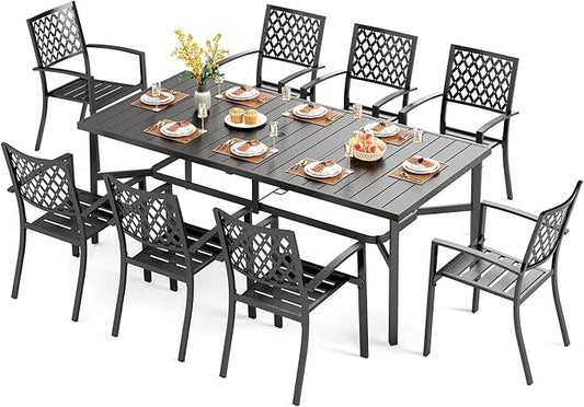 PHI VILLA 9 Pieces Outdoor Dining Set for 8, Rectangular Metal Table with Umbrella Hole & Stackable Wrought Iron Chairs, Large Dining Furniture for Patio, Deck, Yard, Porch