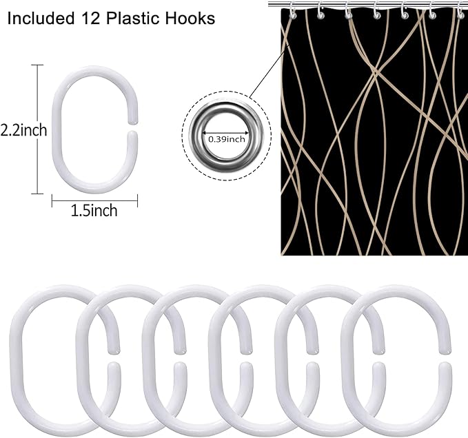 Punkray Black and Brown Striped Wavy Line Polyester Shower Curtain for Bathroom with Hooks, Weighted Hem, Waterproof Bath Accessories Hotel Style, 72 x 72