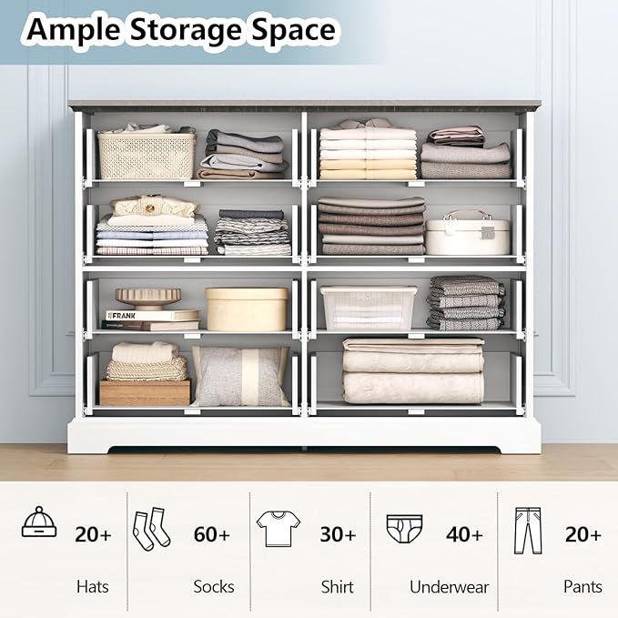 Dresser for Bedroom with 8 Drawer, Farmhouse Dresser for Closet,47'' Wide Rustic Wooden Chest of Drawers with Natural Wood Texture, Vintage Storage Organizer for Living Room, Hallway, White