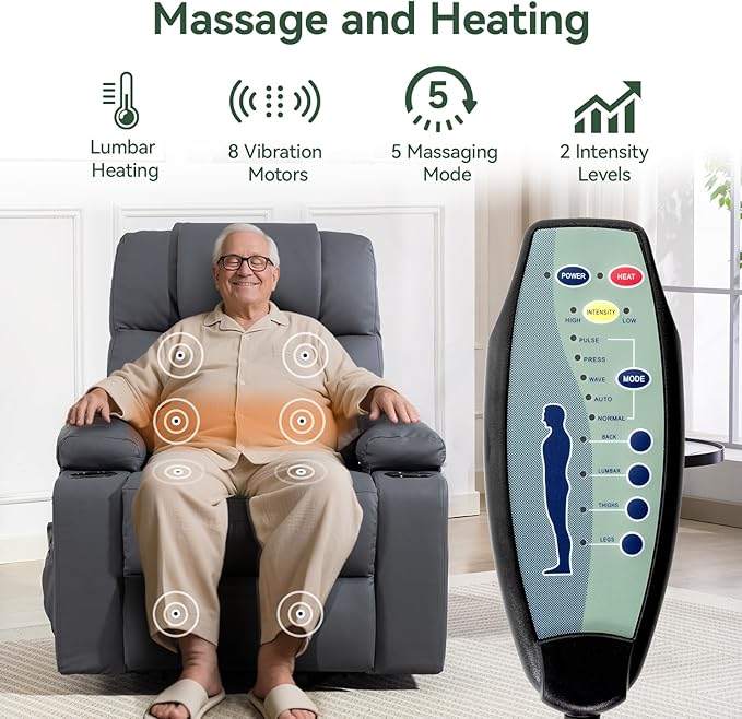 Power Lift Recliner Chair for Elderly with Heat & Massage, 160° Electric Adjustable PU Leather Recliner with Remote Control, Stand Assist, Cup Holders & Side Pockets for Living Room (Gray)