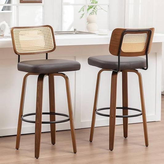 Swivel Counter Height Stools - 26 inch Counter Stools Set of 2 with Curved Rattan Back, Walnut Craftsmanship, Upholstered Seat, Counter Height Bar Stool for Island/Pub/Kitchen (26" Seat Height, Brown)