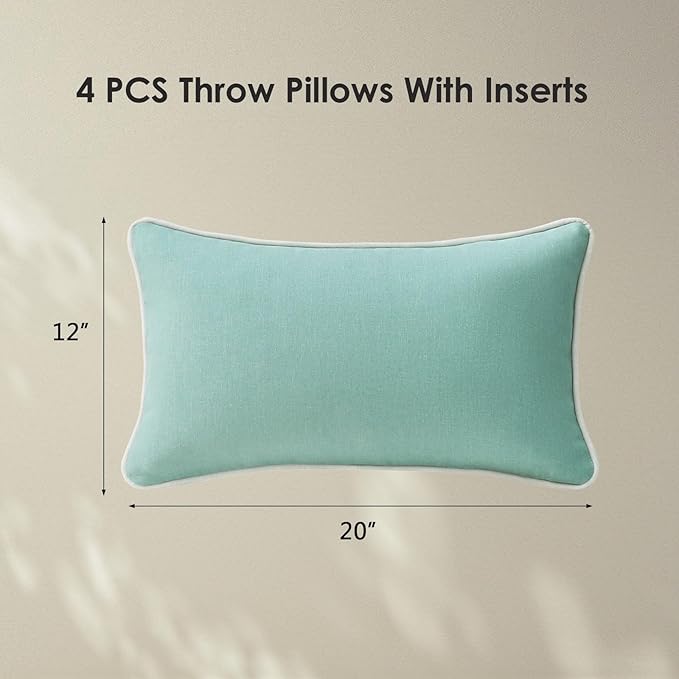 Decorative Outdoor Water Repellent Throw Pillows with Inserts, Set of 4, 20" x12" Pillows for Patio, Backyard, Bed, Couch, and Patio Furniture, Aqua Green