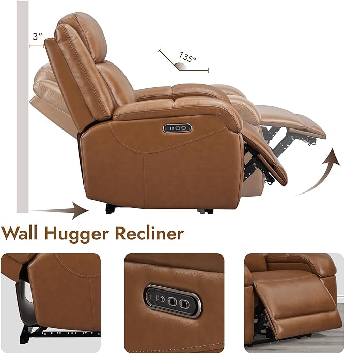 Watson & Whitely Genuine Leather Power Recliner Chairs for Adults, Wall Hugger RV Recliner with Power Headrest & Charging Ports, Electric Recliner Sofa Chair for Living Room, Saddle Brown